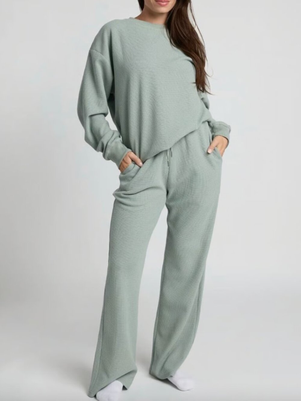 Comfrt Sage Green Waffle Lounge Long Sleeve + Pants SET Women's Size XL